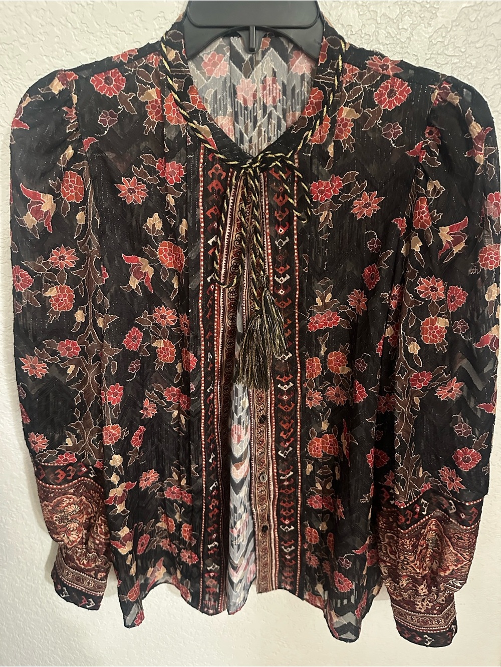 Kobi Halperin  Floral Tassel Tie Blouse in Black and Rust